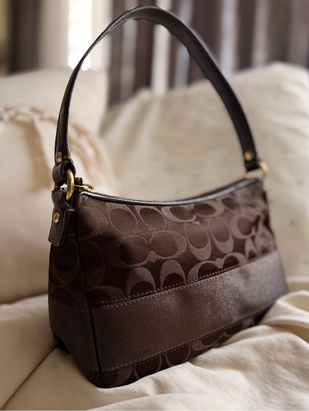 Coach Chocolate Brown Signature Jacquard Shoulder Baguette Bag - Picture 8 of 8